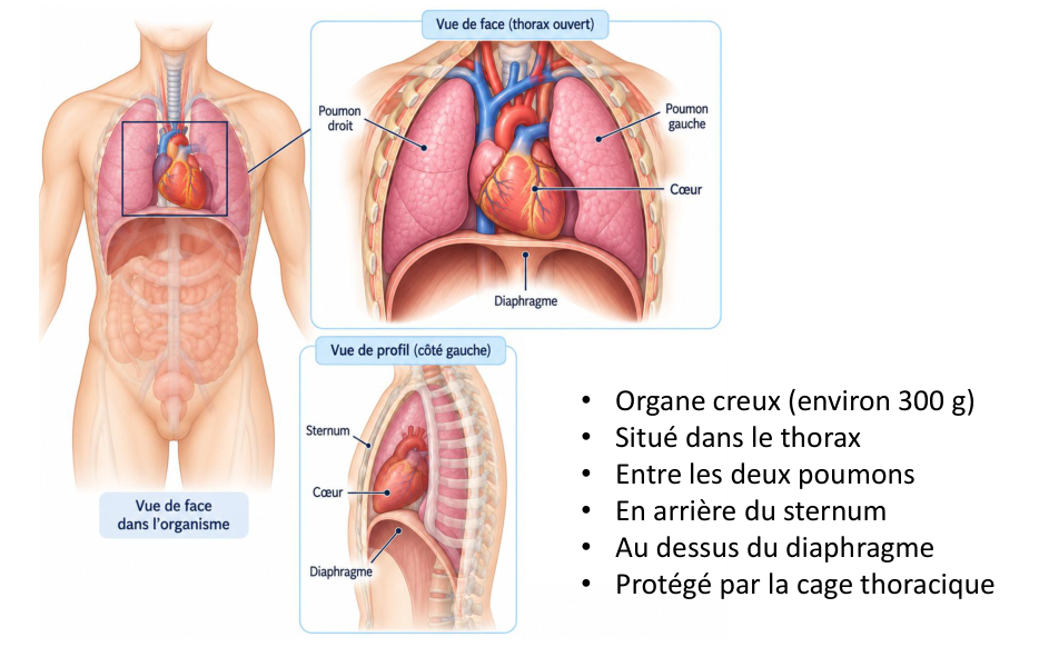 Localisation du cœur dans le thorax, avec les repères de la diapositive