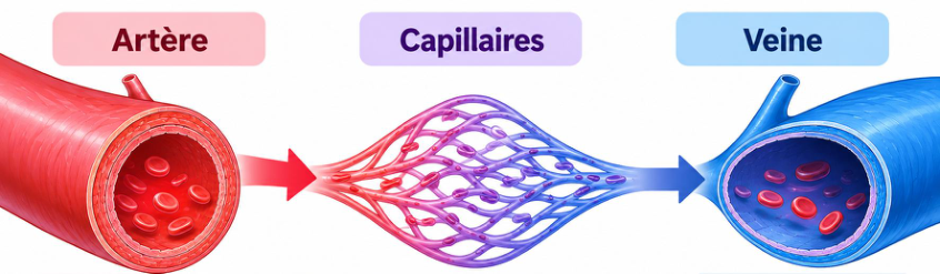 Illustration p. 19 : une artère rouge se divise en un réseau de capillaires, qui se rejoignent en une veine bleue.