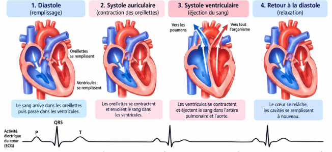 Les temps du battement au-dessus du tracé P, QRS, T (support, p. 35).