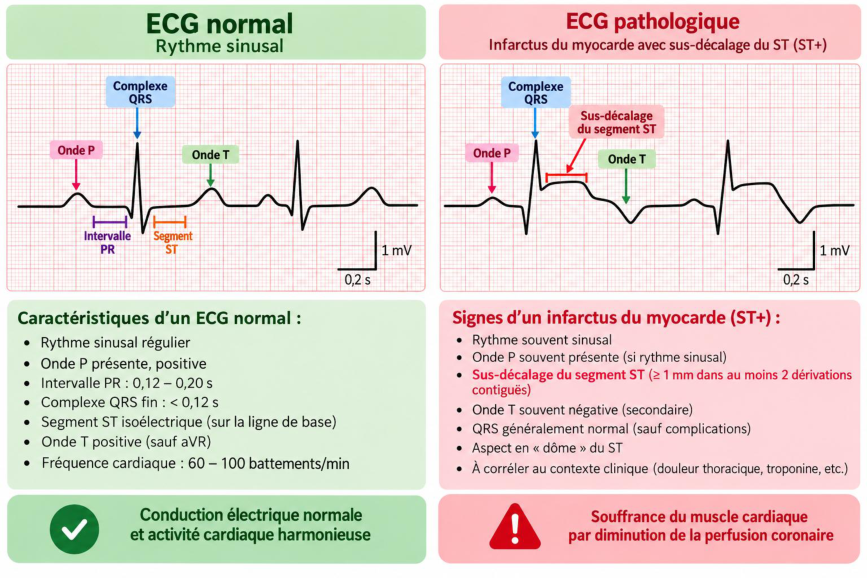 Comparaison p. 36 : à gauche un ECG normal en rythme sinusal avec ses caractéristiques ; à droite un ECG d’infarctus avec sus-décalage du segment ST et ses signes.