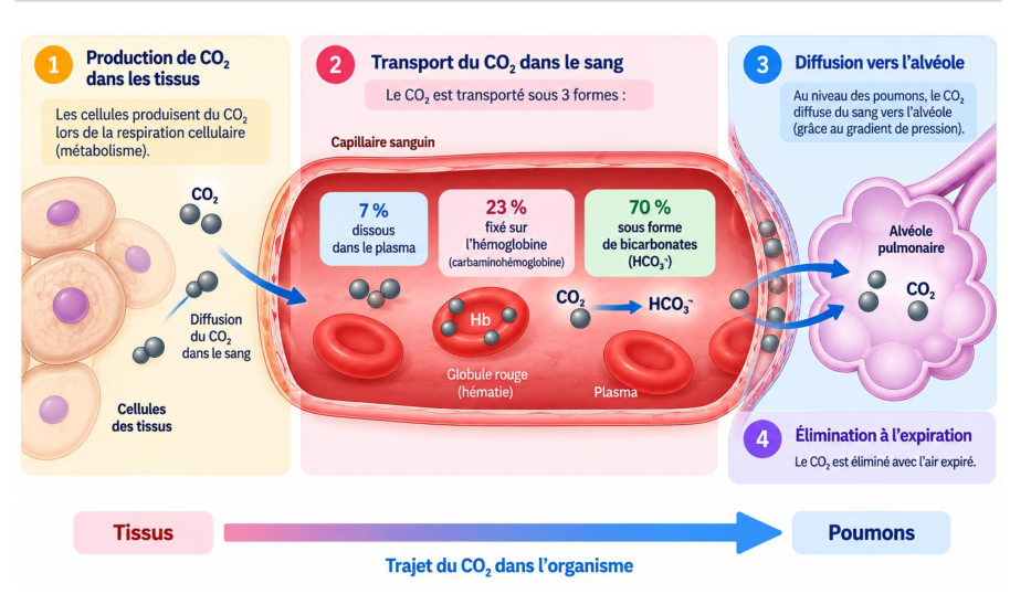 Transport du CO₂ : production dans les tissus, trois formes dans le sang, diffusion vers l’alvéole