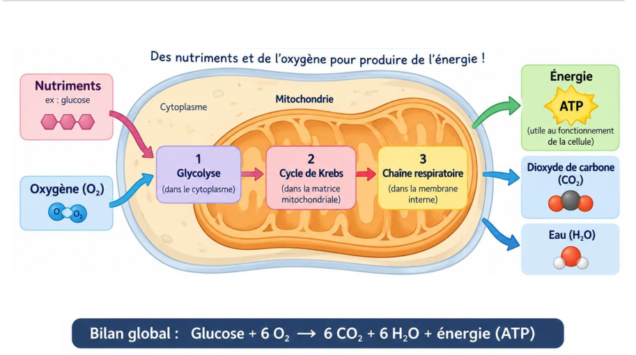 Respiration cellulaire : glycolyse, cycle de Krebs, chaîne respiratoire et bilan global