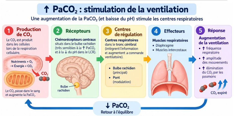 La boucle du support : la hausse du CO₂ stimule la ventilation.